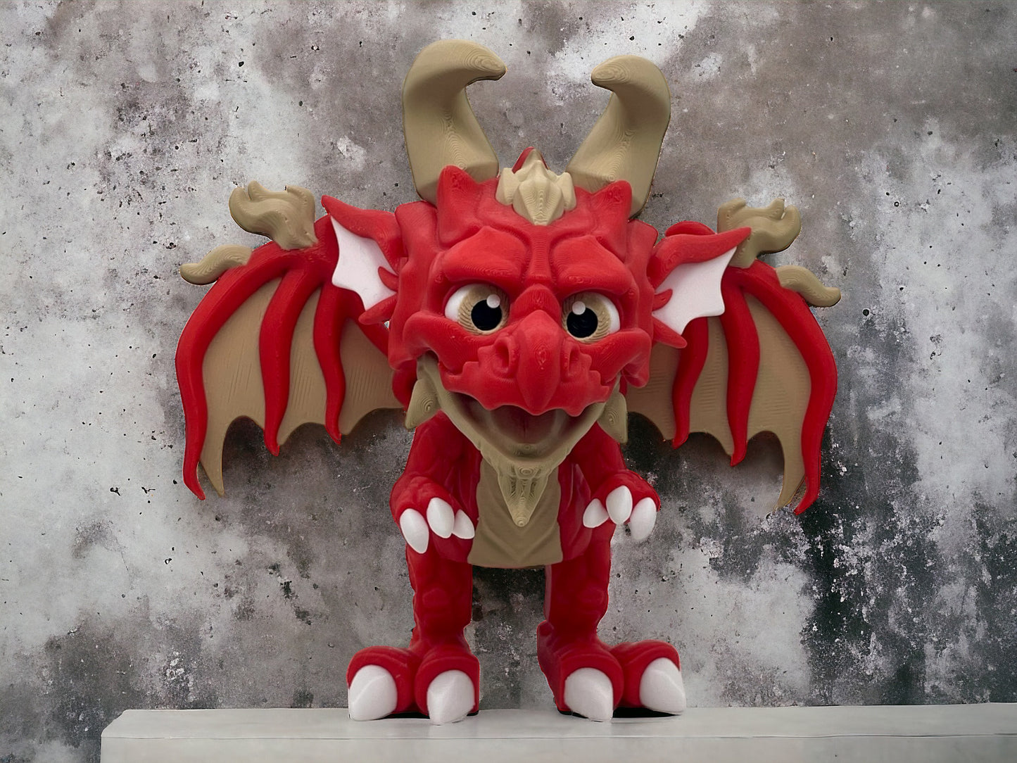 3D Druck Drache beweglich stehend Feuerdrache auf Betonplatte