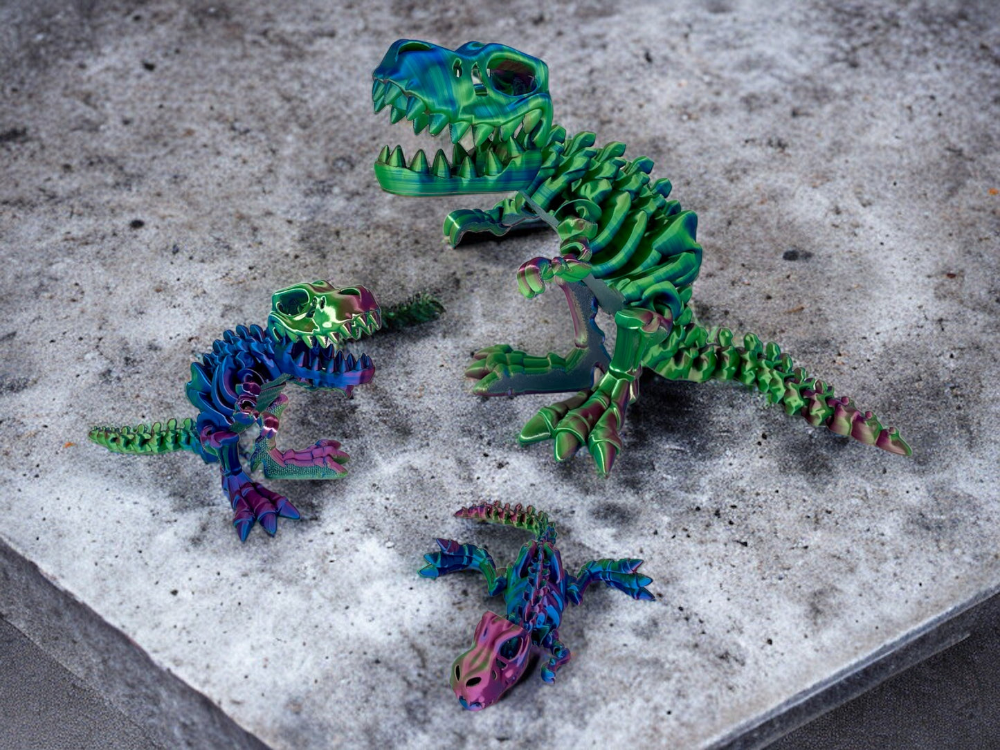 3D Druck T-Rex Skelett beweglich Blau Grün Lila