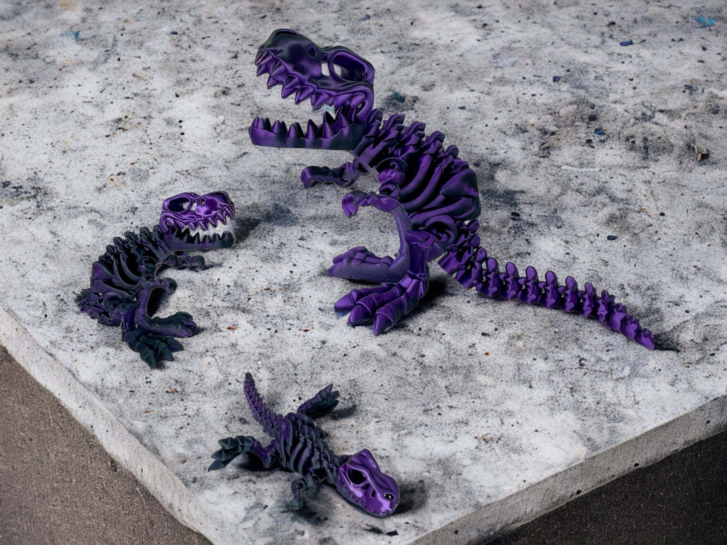 3D Druck T-Rex Skelett beweglich Schwarz Lila