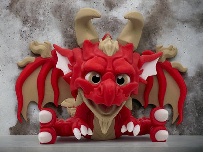 3D Druck Drache beweglich sitzend Feuerdrache auf Betonplatte