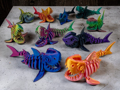 3D Druck Hai Schwarm Skelette beweglich auf Betonplatte in vielen Farben
